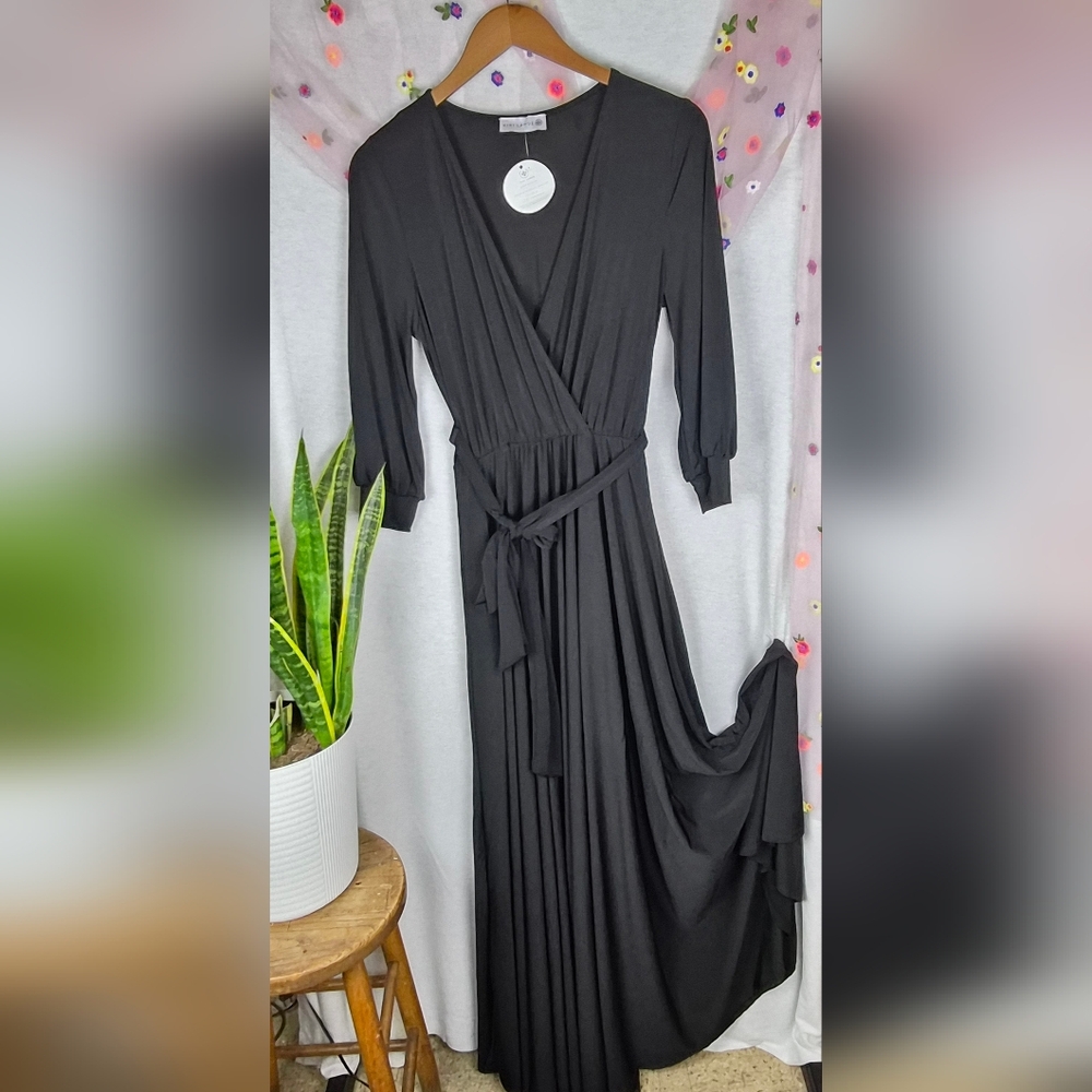 Kiki LaRue Archibald Black Maxi Dress Wrap Style Maternity Friendly NWT Medium